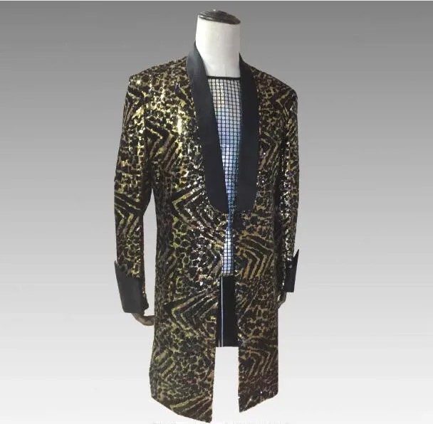 2019 S-4XL мужской леопардовый узор золотые блестки трендовая длинная куртка Бар ночной клуб мужчины для пения, танцев вечернее представление блейзер