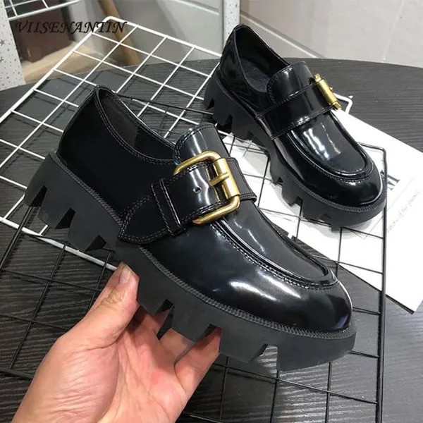 2020 Новый Повседневная кожаная женская обувь в стиле ретро; Мокасины в британском стиле для женщин; Черные однотонные полуботинки с застежка...