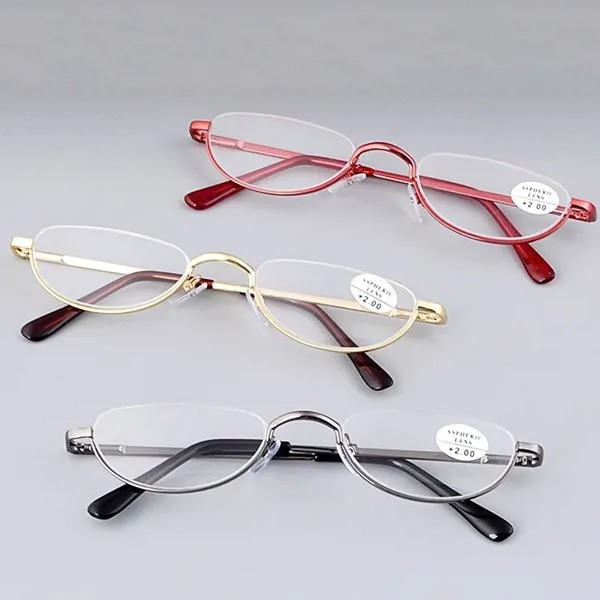 Маленькие очки для чтения Half Moon для женщин Мужчины Мода Ультралегкие очки Presbyopia Унисекс Нержавеющая сталь Металлическая рамка