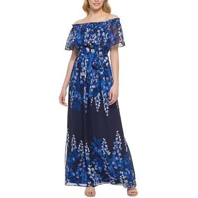 Женское темно-синее шифоновое платье макси с открытыми плечами и цветочным принтом Eliza J 14 BHFO 6934