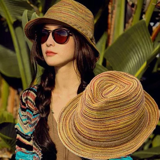 Женщины Лето Богемия Стиль Соломенные шляпы Складные полосатые плетеные веревки Пляж Солнце Шляпа
