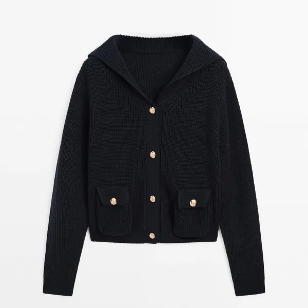 Кардиган Massimo Dutti Purl Knit With Gold Buttons, темно-синий