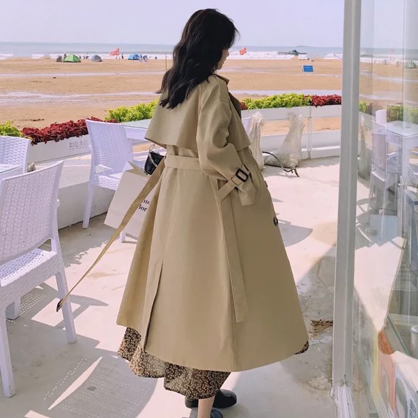 Классическая Ветровка цвета хаки, золотистого цвета, женская, средней длины, весна-осень 2021, новое пальто в Корейском стиле, свободного покр...