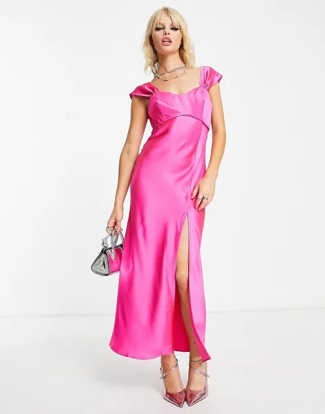 Ярко-розовое платье-комбинация миди из атласа бэби-долл ASOS DESIGN
