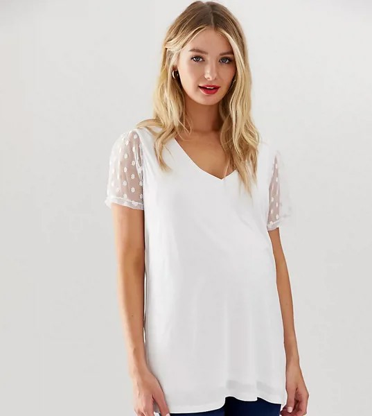 Белая двухслойная футболка с рукавами из сетчатого материала добби ASOS DESIGN Maternity-Белый