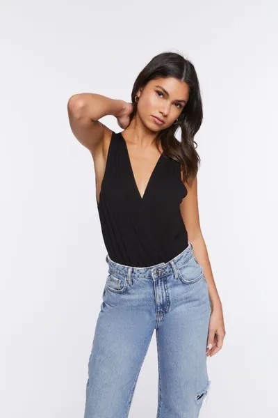 Боди с глубоким вырезом Surplice Forever 21, черный