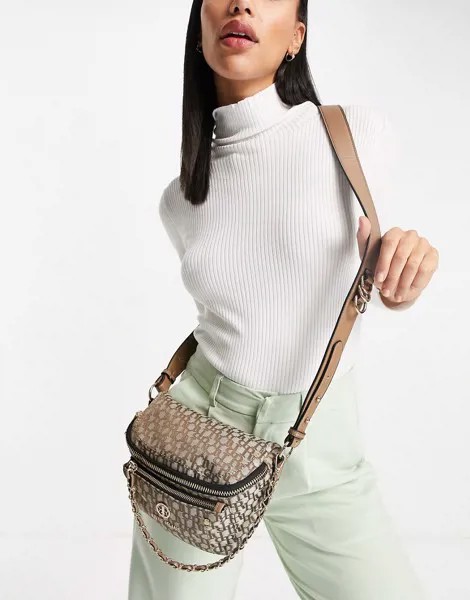 Коричневая жаккардовая сумка через плечо с монограммой и цепочкой River Island-Коричневый цвет