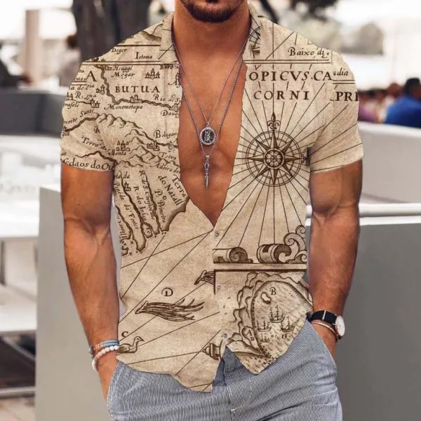 Мужская антикварная винтажная гавайская пляжная рубашка с принтом карты мира и компаса