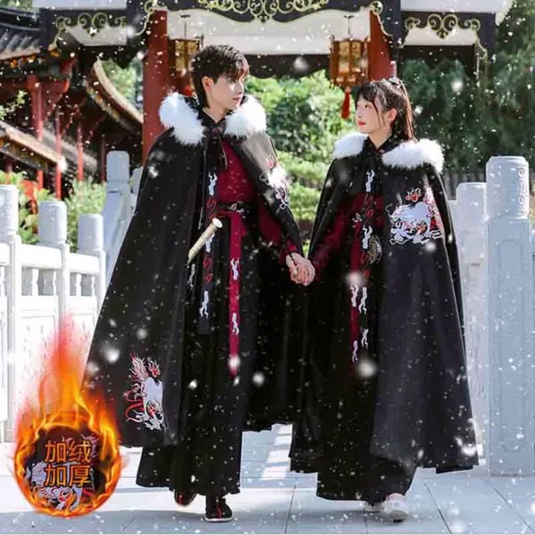 Зимняя теплая плотная накидка Hanfu для мужчин и женщин, Китайская традиционная черная накидка Hanfu с капюшоном, плащ, Рождественский костюм дл...