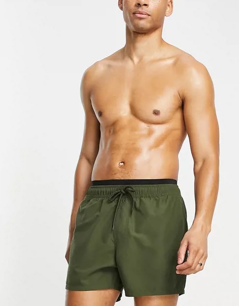 Короткие шорты для плавания цвета хаки с двойным поясом ASOS DESIGN-Зеленый цвет