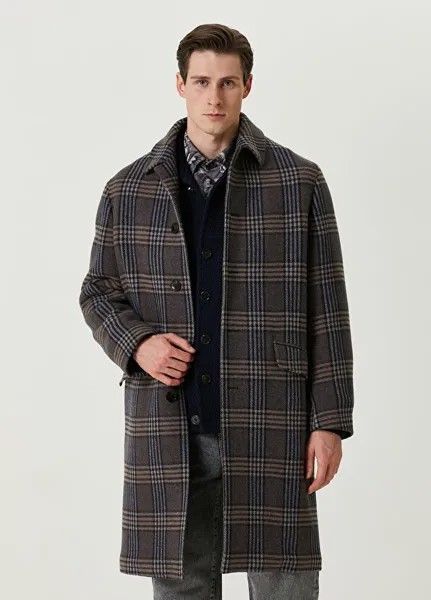 Коричневое шерстяное пальто в шотландскую клетку Etro