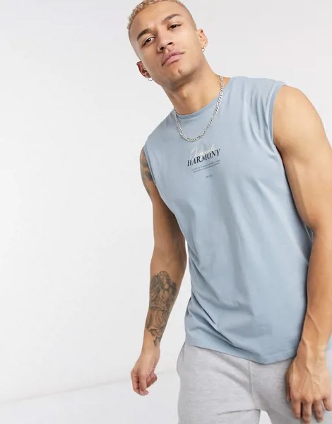 Голубая майка с принтом на спине Jack & Jones Originals-Синий