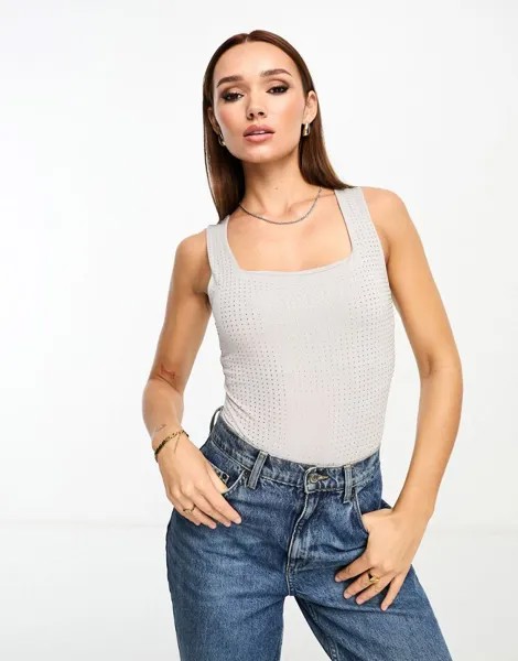 Серебристый облегающий боди с квадратным вырезом River Island Hotfix