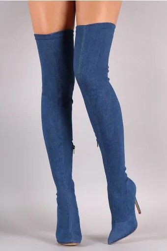 Прямая поставка, лидер продаж, весенние женские однотонные черные синие замшевые привлекательные облегающие ботфорты выше колена на тонком каблуке с острым носком