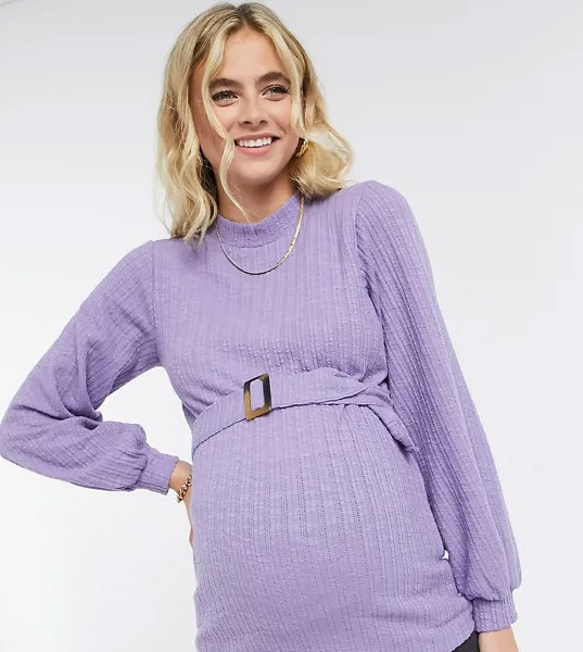 Лавандовый топ в рубчик с поясом на талии и объемными рукавами Mamalicious Maternity-Фиолетовый
