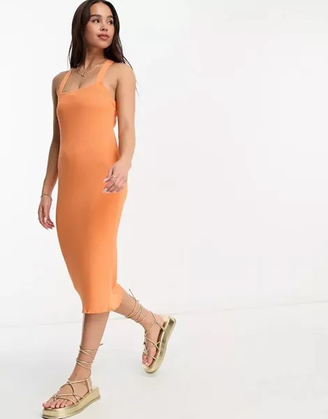 Оранжевое трикотажное платье макси с бретелями Monki