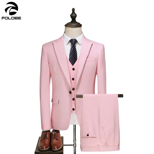 FOLOBE мужской свадебный или Выпускной костюм жениха, розовый зеленый зауженный смокинг, мужской деловой костюм для работы, комплект из 3 предметов (пиджак + штаны + жилет)