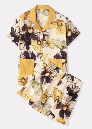 Женское Цветы с принтом пижамы с коротким комплектом Летний желтый воротник с лацканами и оборками Трикотажные трусики п