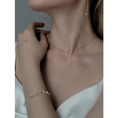 Комплект бижутерии charms: серьги, браслет, чокер, размер браслета 17 см, белый, золотой