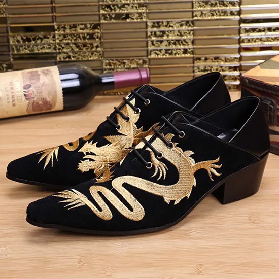 Christia Bella китайский Стиль узор в виде дракона вышивка Мужские модельные туфли с острым носком из коллекции высокой оксфорды обувь; Замшевые кожаные туфли на плоской подошве для мужчин; Вечерние туфли