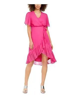 CALVIN KLEIN Женское розовое платье с завышенной талией и поясом, рукавом-крылышком и искусственным запахом 6