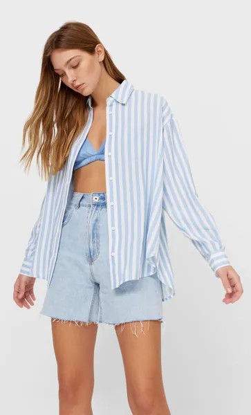 Stradivarius Повседневная Рубашка С Отделкой В Стиле Рустик Небесно-Голубой Xs