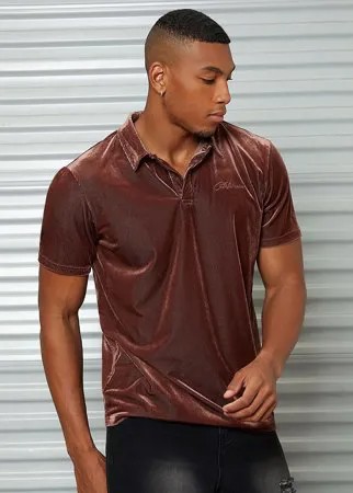 Рубашка-поло с текстовой вышивкой из бархата для мужчины