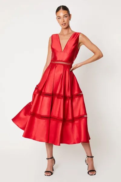 Платье миди из твила с глубоким вырезом и кружевной отделкой Coast, красный