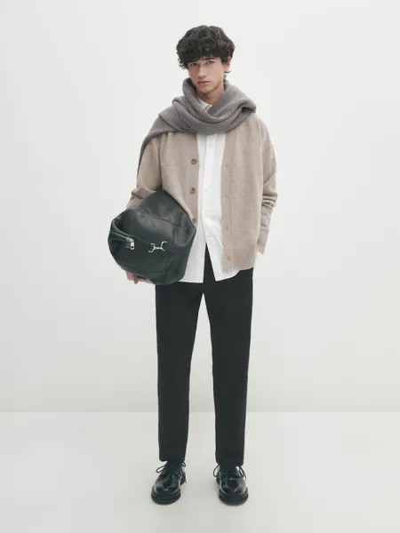Трикотажный кардиган Boxy-Fit с v-образным вырезом Massimo Dutti, бежевый