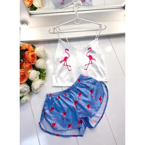 Пижама Фламинго, шорты, майка, без карманов, пояс на резинке, размер 44, голубой