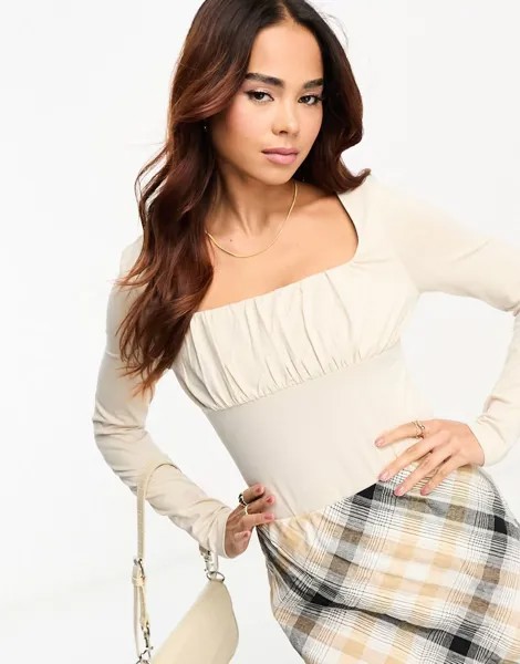 Боди каменного цвета с длинными рукавами и присборенными бюстье ASOS DESIGN