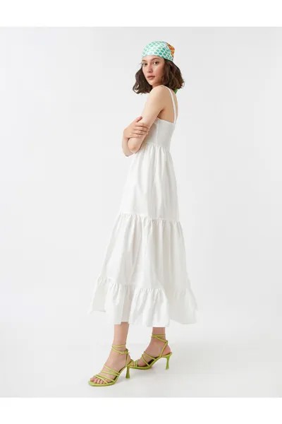 Длинное многослойное платье с деталями из ткани Gipe и бретелями Koton, экрю