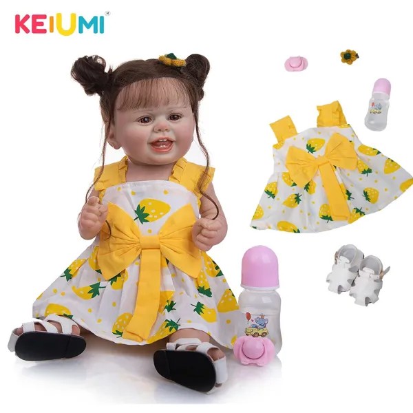 KEIUMI 22 дюймов надписью «Happy Smile», полностью из силикона, возрождающая новорожденная кукла желтый Клубничная юбка Bebe кукла, кукла для девочек, ...