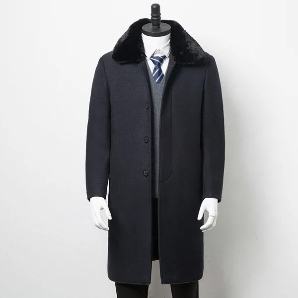 Зимняя мужская одежда, шерстяные куртки, пальто из шерсти и смешанного меха, воротник, Классический плащ средней длины, утепленная верхняя одежда для отца