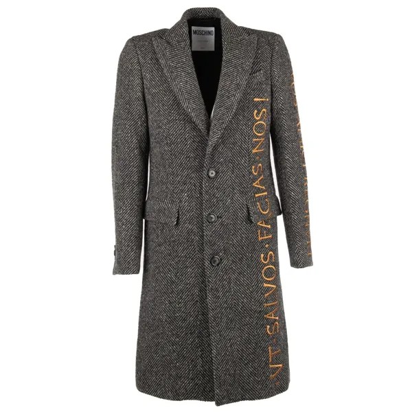 MOSCHINO COUTURE Однобортное шерстяное пальто с узором «елочка» и вышивкой Серое 11217