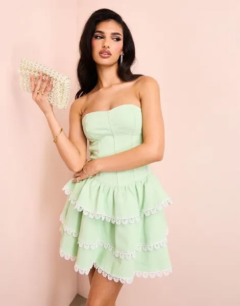 ASOS LUXE – многослойное джинсовое платье пастельного зеленого цвета с вырезом-бандо