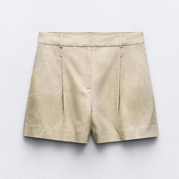 Шорты Zara Linen Blend High-waist Bermuda, светло-бежевый