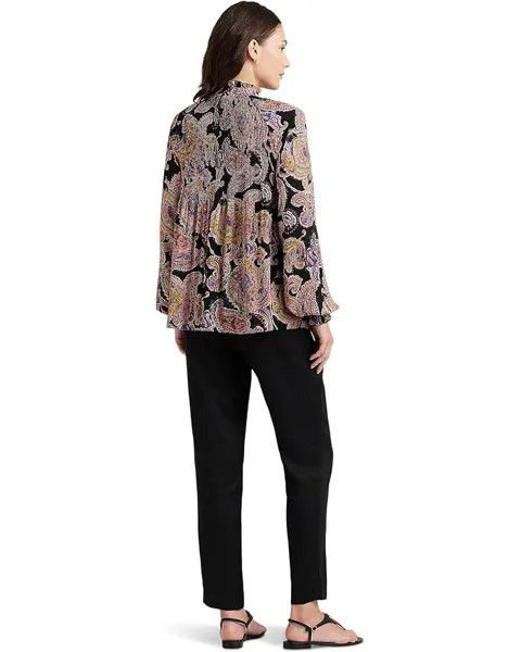 Блуза LAUREN Ralph Lauren Print Pleated Georgette Tie-Neck Blouse, цвет Black/Yellow/Multi