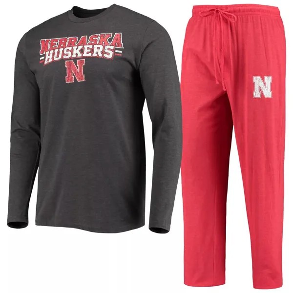 Мужская футболка Concepts Sport Scarlet/Heared Charcoal Nebraska Huskers Meter, футболка с длинными рукавами и брюки, комплект для сна