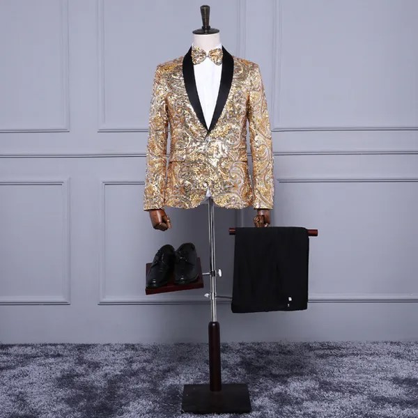 2019 Мужская модная шаль Laple розовые золотые блестки пайетки свадебные костюмы для жениха сценический певец ночной клуб бар DJ приталенный смо...