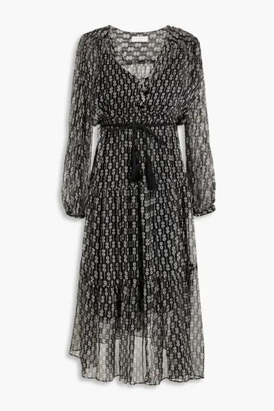 Платье миди Angela из шелковой вуали с поясом и принтом Sandro, черный