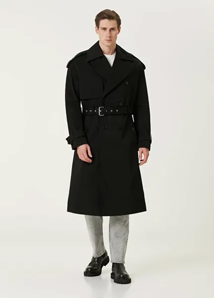Черное объемное двубортное верхнее пальто с поясом spencer AllSaints
