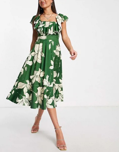 Зеленое платье миди для выпускного, с квадратным вырезом, объемной оборкой и цветочным принтом ASOS DESIGN-Разноцветный