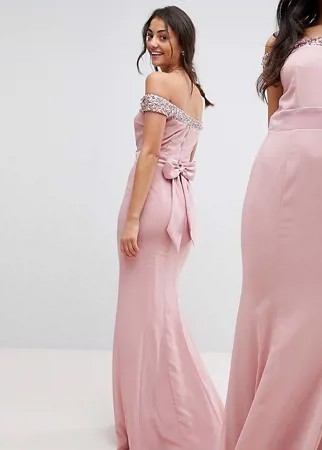 Платье макси с открытыми плечами, отделкой пайетками и бантом сзади Maya Tall-Розовый