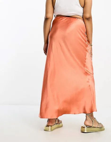Абрикосовая атласная юбка миди со смещением ASOS DESIGN Curve