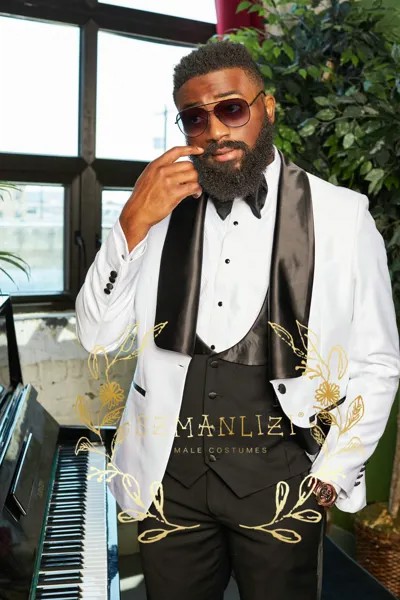 Костюм SZMANLIZI Homme Mariage, белый пиджак, черные брюки, жилет, индивидуальный пошив, мужской костюм, наборы, свадебные костюмы для жениха, официальн...