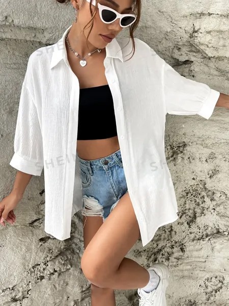 Рубашка Shein Ezwear с заниженными плечами, белый