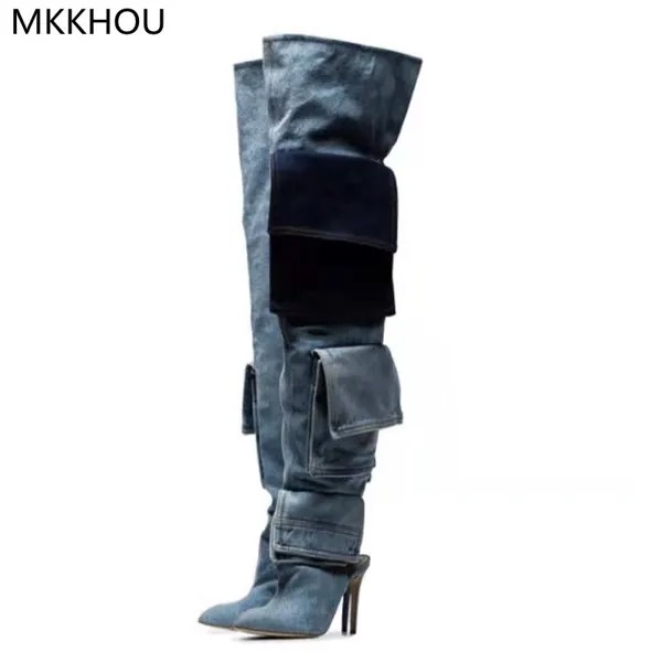 Модные женские ботфорты MKKHOU, новинка, джинсовые сапоги с несколькими карманами и острым носком на шпильке 12 см, высокие сапоги