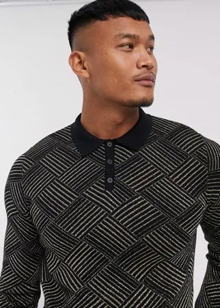 Черная футболка-поло с золотистым геометрическим принтом ASOS DESIGN-Черный