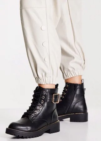 Черные ботинки с плоской подошвой, шнуровкой и пряжками New Look-Черный цвет